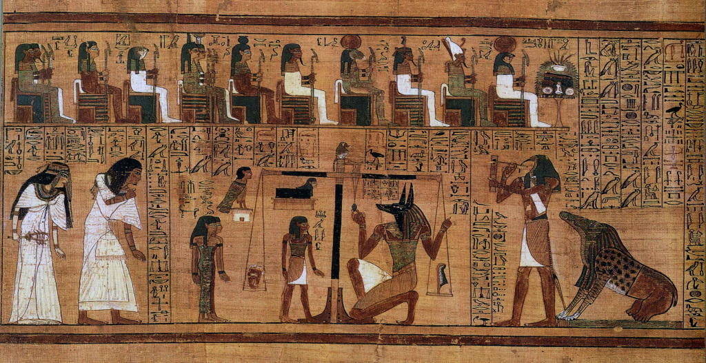 Тот и Анубис взвешивают сердце покойного (из Папируса Ани, древнеегипетского иллюстрированного свитка Книги мёртвых, около 1250 года до н. э.)